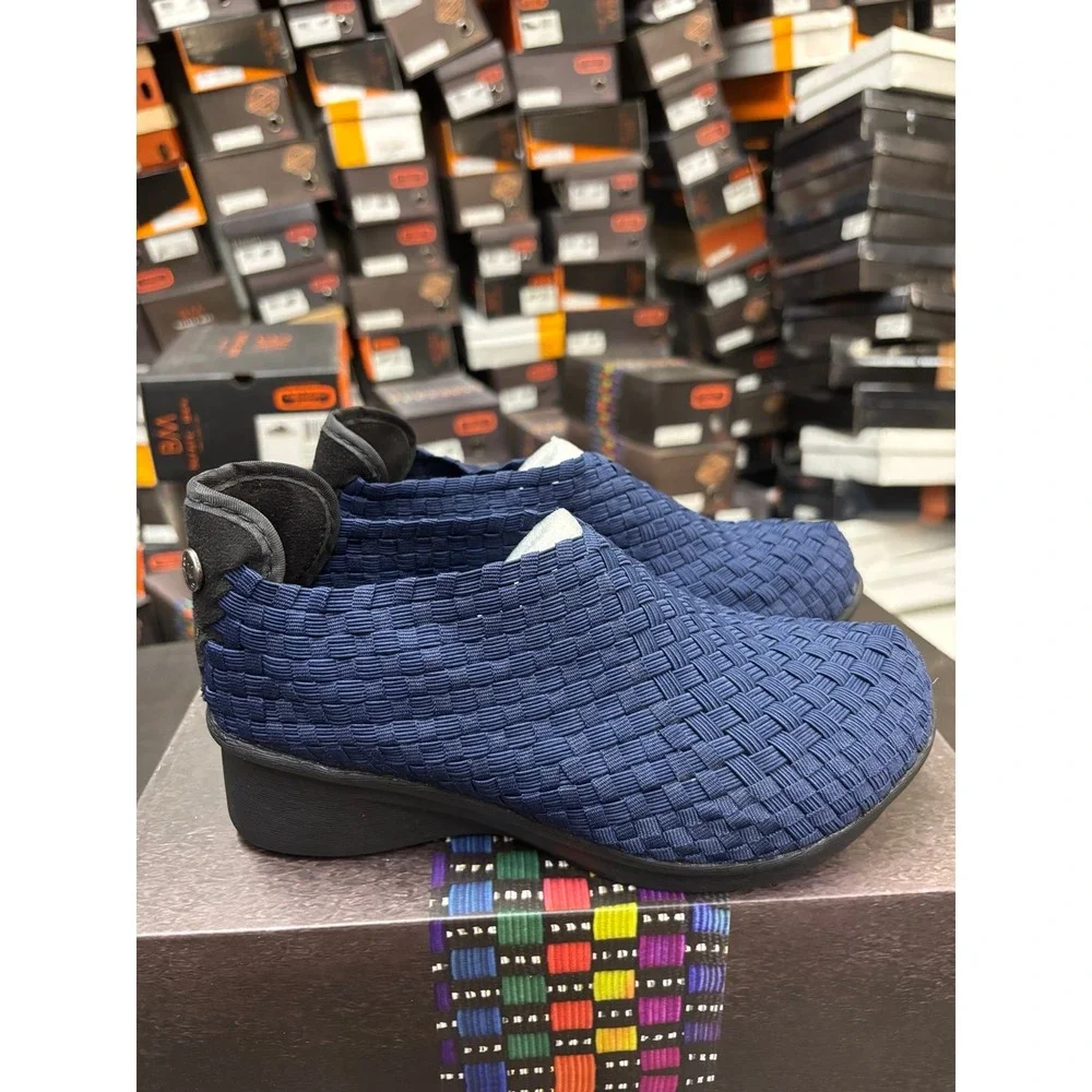 Bernie Mev Gem Yael Navy Woven Elastic Memory Foam Wedge Shoes Size 36 US 5-5.5